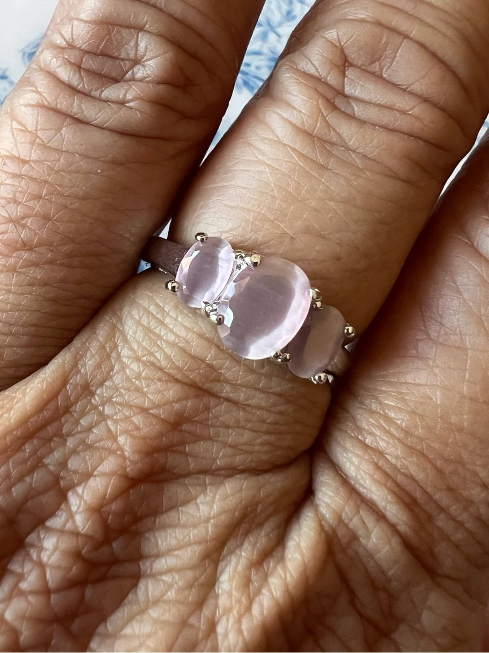 Pink Cat Eye Three Stone Ring Silver Tone Size 6.75 8.5
